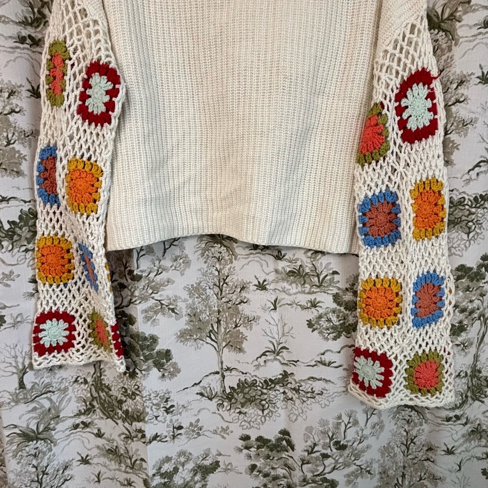 Altar'd State Cream Sweater with Colorful Crochet Sleeves
